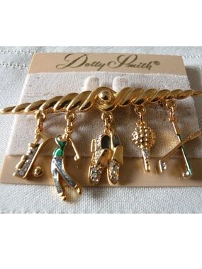 Vintage Dotty Smith Golf Motif Bar Charm Dangle Gold Tone Enamel Pin, Brooch